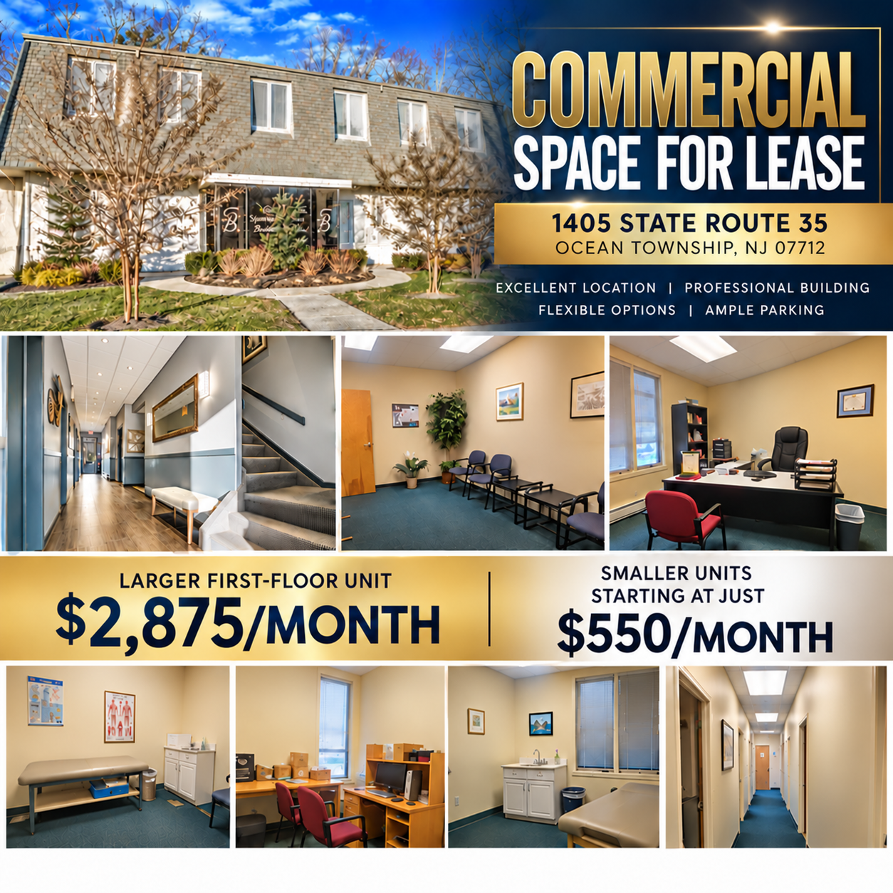 Owner-supplied commercial lease flyer for 1405 State Route 35, Ocean Township, NJ, with broker contact footer removed; exterior and interior images and advertised monthly rents.