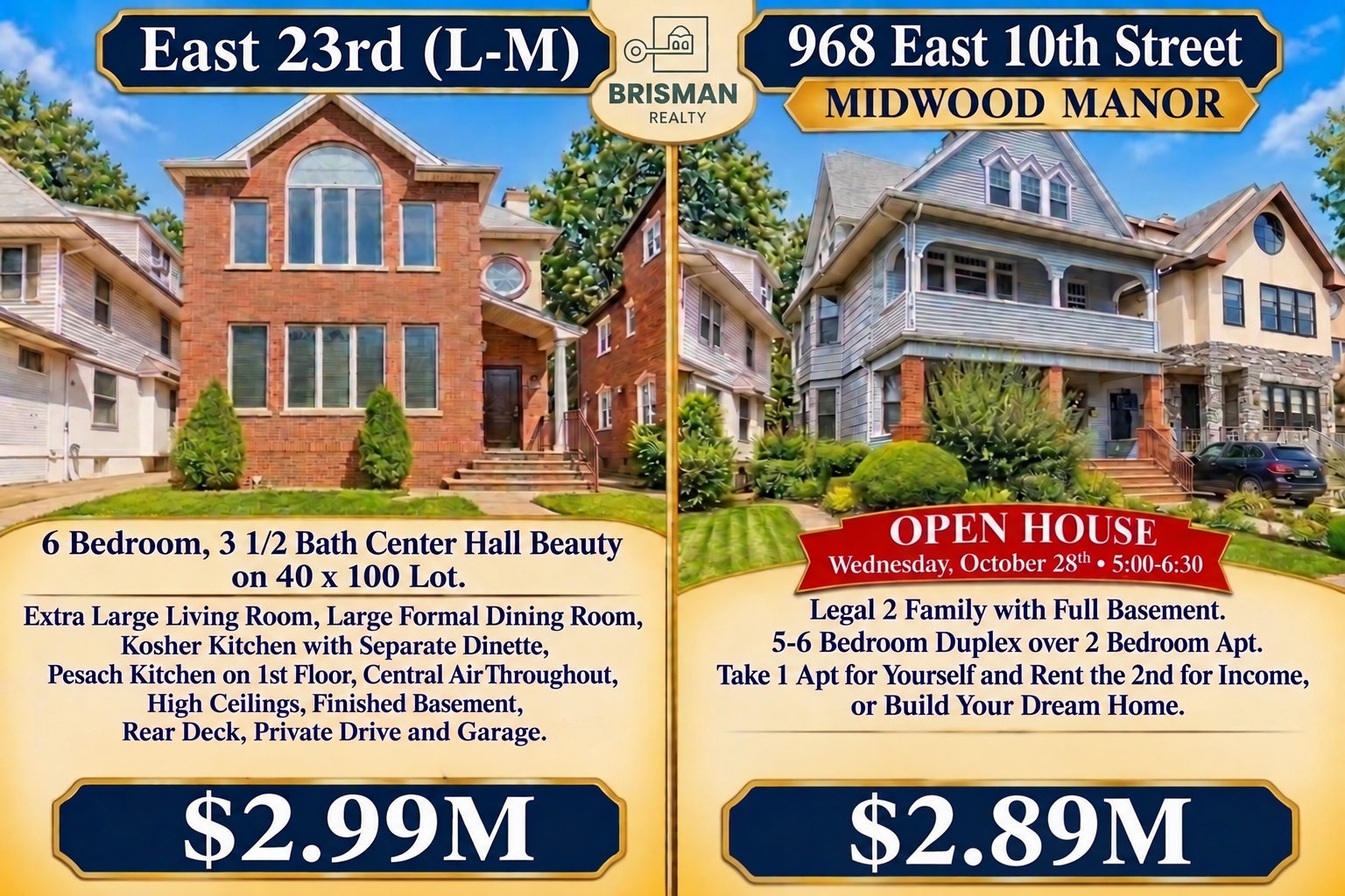 Supplied two-property flyer with broker contact lines removed; 968 East 10th Street is the right-hand property.